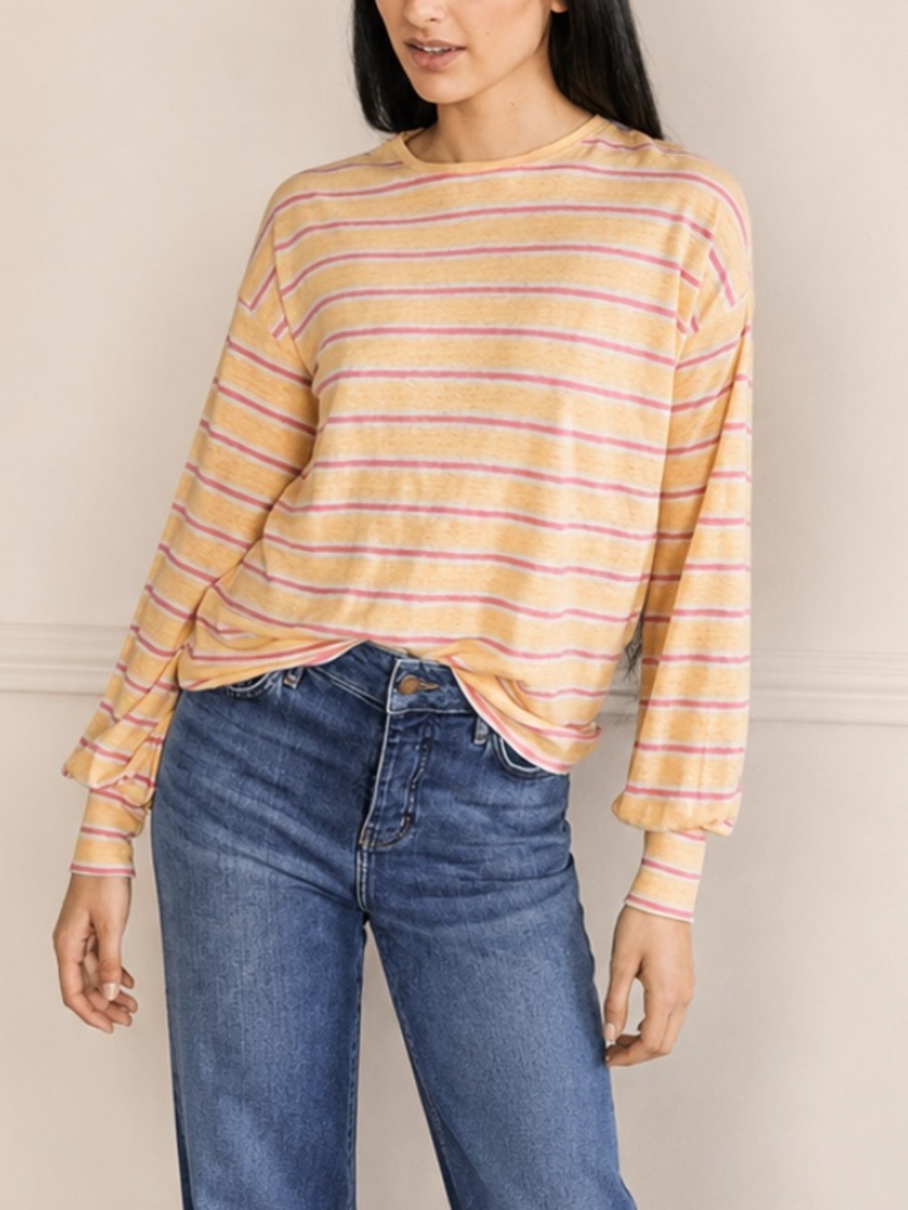 Boden NWT Blouson 100% Linen Top Stripe Yellow Classic Preppy Womens 16